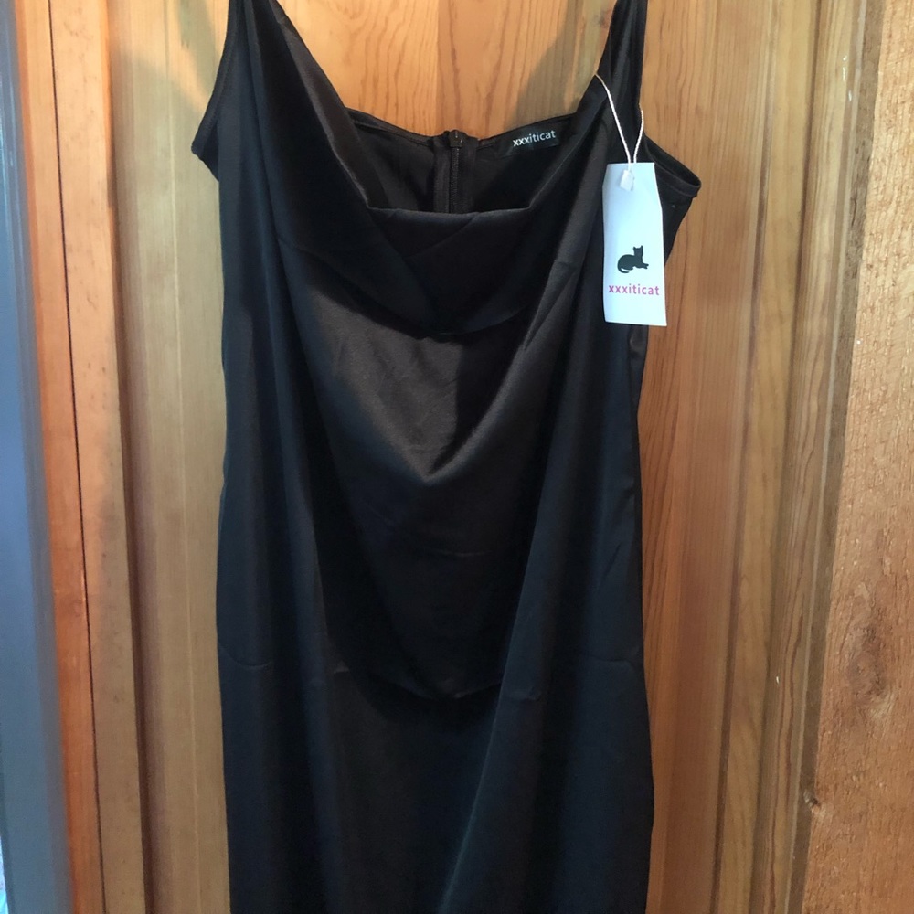 Black xxxiticat sleeveless spaghetti strap satin dress, cowl neck,